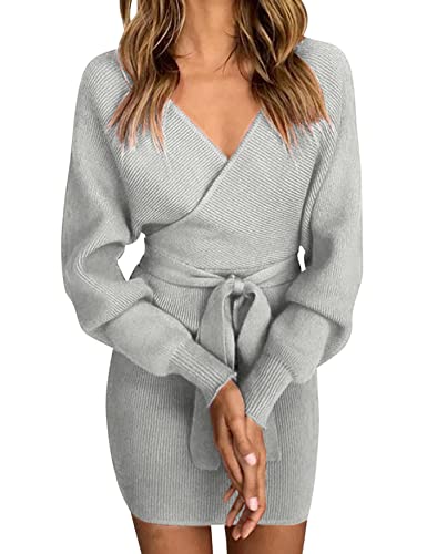 Vancavoo Strickkleid Damen Pulloverkleid V-Ausschnitt Elegant Langarm Pullover Winterkleid Strickpullover Kleid Bodycon Minikleid Sexy Rückenfrei Tunika Kleid Mit Gürtel für Herbst Winter,grau S von Vancavoo