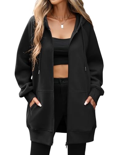 Vancavoo Sweatjacke Damen mit Kapuze Lange Kapuzenpullover Reißverschluss Hoodie Jacke Frühling Herbst Lang Fleecejacke Kapuzenjacke Elegant Übergangsjacke mit Taschen,Schwarz,XL von Vancavoo