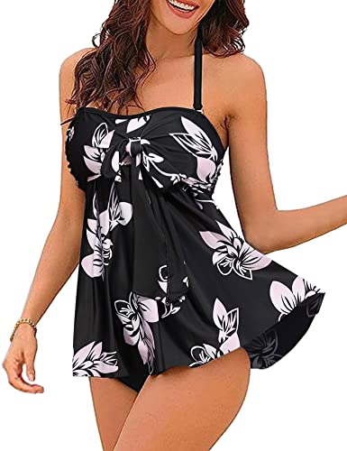 Vancavoo Bikini Damen Set High Waist Bauchweg Badeanzug Zweiteiliges Push Up Neckholder Bademode Strandmode Swimsuit mit Dreieck Unterhosen,Schwarz+Blume,L von Vancavoo