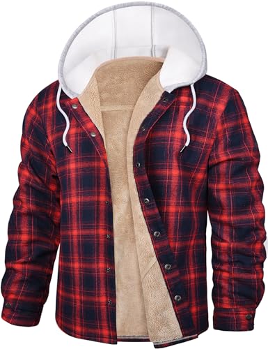 Vancavoo Holzfällerhemd Herren Gefüttert Thermohemd Flanellhemd Hooded Holzfäller Jacke Karierte Hemdjacke Kapuze Freizeithemd Winter Herbst Hemd,Rot+Blau,L von Vancavoo