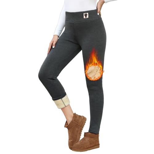 Vancavoo Leggins Gefüttert Damen Thermo Leggings Winter Thermoleggins High Waist Warme Gefüttert Thermo-Leggings Dicke Flauschige Fleece Lässige Winterleggings Thermohosen,Grau+Katze,M von Vancavoo