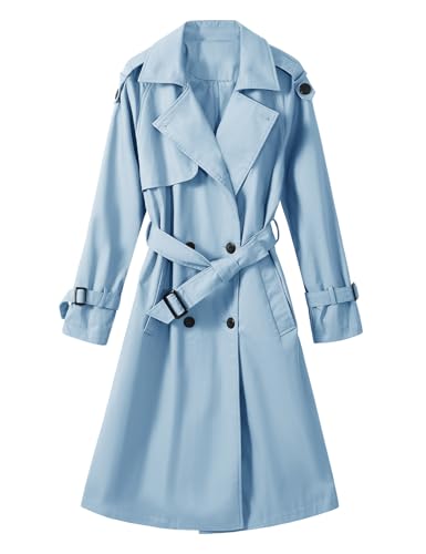 Vancavoo Trenchcoat Damen Lang Übergangsmantel Mantel Klassische Herbst Frühling Zweireiher Jacke Trench mit Gürtel Damenmantel Baumwolle Windjacke,Blau,L von Vancavoo