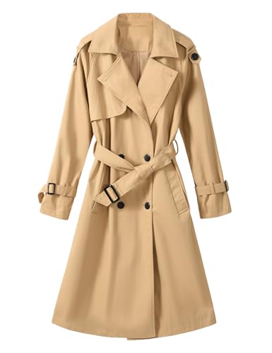 Vancavoo Trenchcoat Damen Lang Übergangsmantel Mantel Klassische Herbst Frühling Zweireiher Jacke Trench mit Gürtel Damenmantel Baumwolle Windjacke,Khaki,L von Vancavoo