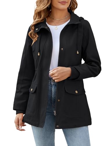 Vancavoo Übergangsjacke Damen Jacke Outdoor Kurzmantel Frühjahr Elegant Frühjahrsjacke Leichte Gefütterte Winterjacke Baumwolle Parka mit Kapuze mit Kordelzug für Frühling Sommer Herbst,Schwarz,XXL von Vancavoo