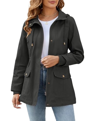 Vancavoo Übergangsjacke Damen Jacke Outdoor Kurzmantel Frühjahr Elegant Frühjahrsjacke Leichte Gefütterte Winterjacke Baumwolle Parka mit Kapuze mit Kordelzug für Frühling Sommer Herbst,Grau,L von Vancavoo
