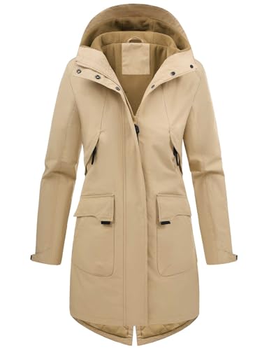 Vancavoo Übergangsjacke Damen Wintermantel Lang Leichte Jacke mit Kapuze Softshellmantel Übergang Mantel Parka Übergangsmantel für Frühling Herbst,Khaki,XL von Vancavoo