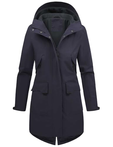 Vancavoo Übergangsjacke Damen Wintermantel Lang Leichte Jacke mit Kapuze Softshellmantel Übergang Mantel Parka Übergangsmantel für Frühling Herbst,Marineblau,L von Vancavoo