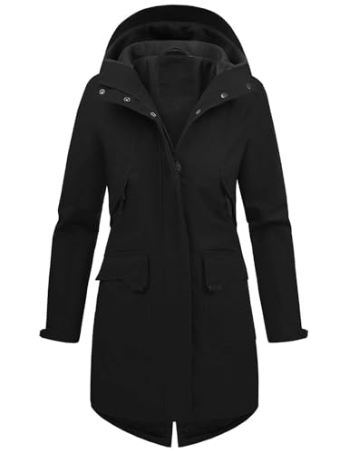 Vancavoo Übergangsjacke Damen Wintermantel Lang Leichte Jacke mit Kapuze Softshellmantel Übergang Mantel Parka Übergangsmantel für Frühling Herbst,Schwarz,XL von Vancavoo