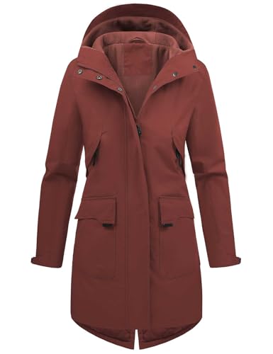 Vancavoo Übergangsjacke Damen Wintermantel Lang Leichte Jacke mit Kapuze Softshellmantel Übergang Mantel Parka Übergangsmantel für Frühling Herbst,Weinrot,XXL von Vancavoo