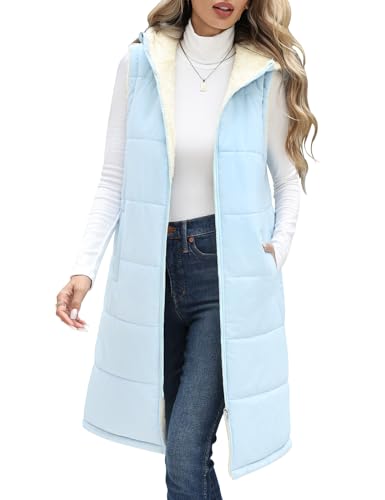Vancavoo Weste Damen Lang mit Kapuze Herbst Winter Steppweste Ärmellose Jacke Daunenweste Gefüttert Fleeceweste Warme Longweste Kapuzenweste Freizeit Übergangsweste,Blau,L von Vancavoo