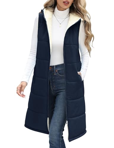 Vancavoo Weste Damen Lang mit Kapuze Herbst Winter Steppweste Ärmellose Jacke Daunenweste Gefüttert Fleeceweste Warme Longweste Kapuzenweste Freizeit Übergangsweste,Dunkelblau,L von Vancavoo
