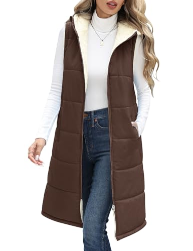 Vancavoo Weste Damen Lang mit Kapuze Herbst Winter Steppweste Ärmellose Jacke Daunenweste Gefüttert Fleeceweste Warme Longweste Kapuzenweste Freizeit Übergangsweste,Kaffee,L von Vancavoo