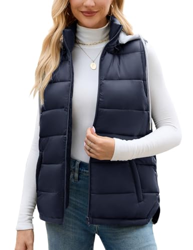 Vancavoo Weste Damen mit Kapuze Steppweste Warme Kapuzenweste Kurz Winterweste Freizeit Ärmellos Jacke Herbst Winter,Marineblau,M von Vancavoo