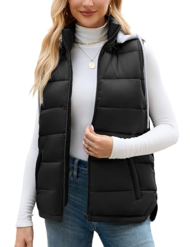 Vancavoo Weste Damen mit Kapuze Steppweste Warme Kapuzenweste Kurz Winterweste Freizeit Ärmellos Jacke Herbst Winter,Schwarz,XL von Vancavoo