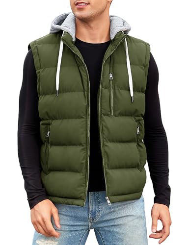 Vancavoo Weste Herren Winter Steppweste mit Kapuze Leicht Winterweste Outdoor Daunenweste Ärmellose Jacke Gilet Sportweste Übergangsjacke Herren-westen,Armeegrün,XL von Vancavoo