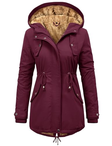 Vancavoo Winterjacke Damen Jacke Winter Warm Winterparka Gefüttert Mantel Parka Lang Wintermantel Elegant Wasserabweisend Outdoor,Rotwein,L von Vancavoo