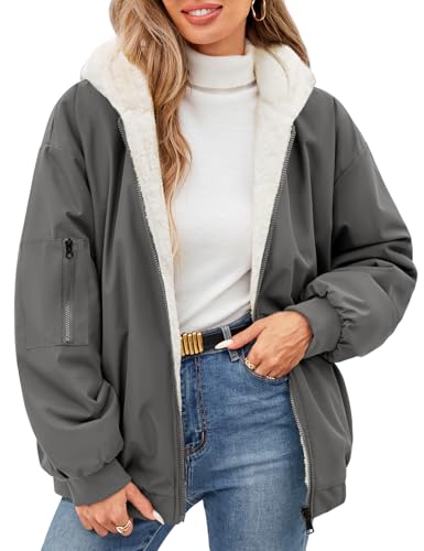 Vancavoo Winterjacke Damen Warm Fleece Gefütterter Wintermantel Winter Sweatjacke Kurz Mantel Puffer Jacke Fleecejacke Kapuzenpullover mit Kapuze für Teenager Mädchen,Dunkelgrau,S von Vancavoo