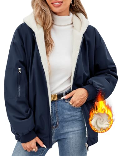 Vancavoo Winterjacke Damen Warm Fleece Gefütterter Wintermantel Winter Winterparka Kurz Mantel Puffer Jacke Kapuzenpullover mit Kapuze für Teenager Mädchen,Marineblau,L von Vancavoo