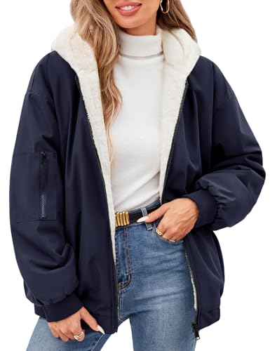 Vancavoo Winterjacke Damen Warm Fleece Gefütterter Wintermantel Winter Sweatjacke Kurz Mantel Puffer Jacke Fleecejacke Kapuzenpullover mit Kapuze für Teenager Mädchen,Marineblau,S von Vancavoo