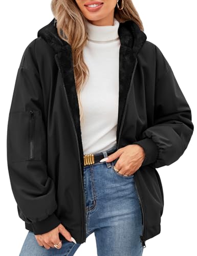 Vancavoo Winterjacke Damen Warm Fleece Gefütterter Wintermantel Winter Sweatjacke Kurz Mantel Puffer Jacke Fleecejacke Kapuzenpullover mit Kapuze für Teenager Mädchen,Schwarz,S von Vancavoo