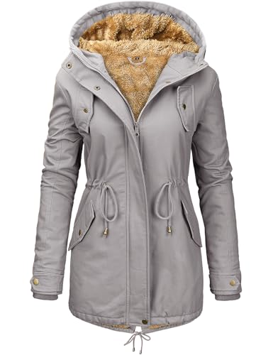 Vancavoo Winterjacke Damen Winter Warm Winterparka Gefüttert Mantel Parka Herbst Kapuzenmantel Frauen Wintermantel,Grau,L von Vancavoo