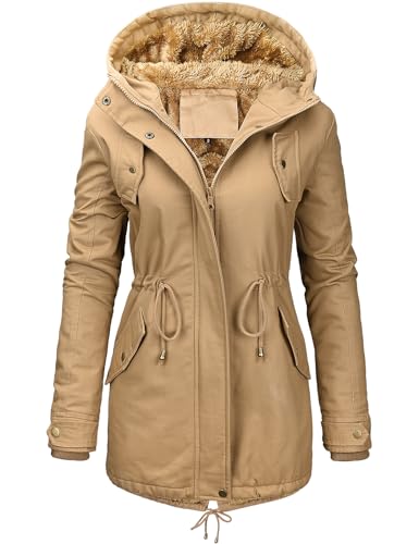 Vancavoo Winterjacke Damen Winter Warm Winterparka Gefüttert Mantel Parka Herbst Kapuzenmantel Frauen Wintermantel,khaki,L von Vancavoo