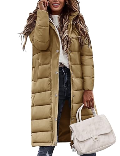 Vancavoo Wintermäntel Damen Lang Steppmantel Winter Daunenmantel Warm Jacke Mantel Daunenjacke Steppjacke mit Kapuze und Reißverschluss,Khaki,M von Vancavoo