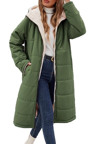 Vancavoo Wintermantel Damen Lang Winterjacke Warm Gefüttert Winterparka Winter Jacke Mantel Parka Steppmantel Daunenmantel mit Kapuze,Armee Grün,S von Vancavoo