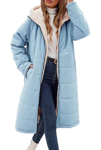Vancavoo Wintermantel Damen Lang Winterjacke Warm Gefüttert Winterparka Winter Jacke Mantel Parka Steppmantel Daunenmantel mit Kapuze,Blau,XL von Vancavoo
