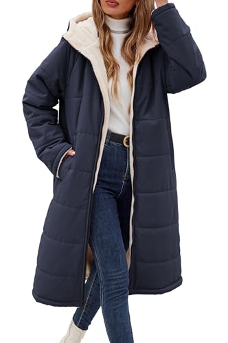 Vancavoo Wintermantel Damen Lang Winterjacke Warm Gefüttert Winterparka Winter Jacke Mantel Parka Steppmantel Daunenmantel mit Kapuze,Marineblau,M von Vancavoo