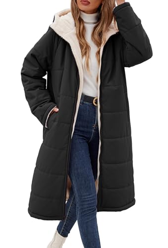 Vancavoo Wintermantel Damen Lang Winterjacke Warm Gefüttert Winterparka Winter Jacke Mantel Parka Steppmantel Daunenmantel mit Kapuze,Schwarz,XL von Vancavoo