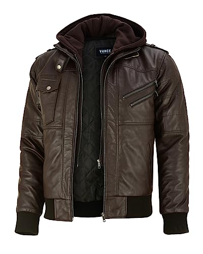 Vance Herren Echt Lederjacke aus 100% Lammleder Abnehmbarer Hoodie (as3, alpha, m, regular, regular, Dunkelbraun) von Vance The Leather Company