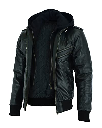 Vance Herren Echt Lederjacke aus 100% Rindsleder Abnehmbarer Hoodie, Schwarz, M von Vance The Leather Company