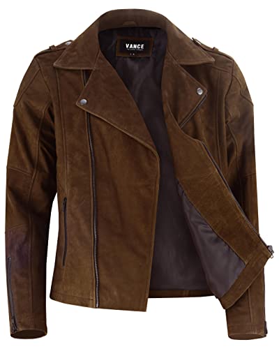 Vance The Leather Company Herren Echtleder Basic Bikerjacke aus 100% Rindsleder (as3, alpha, s, regular, regular, Braun (Nubukleder)) von Vance The Leather Company