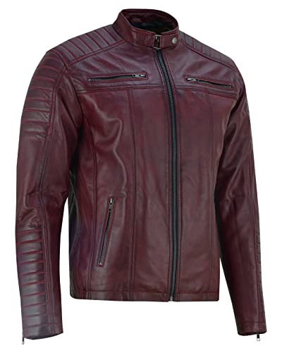 Vance The Leather Company Herren Echtleder Bikerjacke aus 100% Lammleder (as3, alpha, x_l, regular, regular, Dunkelrot) von Vance The Leather Company