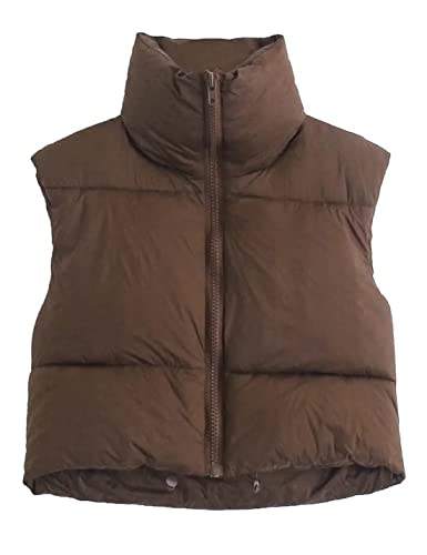 Vanchenl Damen Casual Cropped Puffer Weste Leichtgewicht Stand Kragen Reißverschluss Ärmellos Weste Mantel Coat Braun XL von Vanchenl