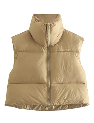 Vanchenl Damen Casual Cropped Puffer Weste Leichtgewicht Stand Kragen Reißverschluss Ärmellos Weste Mantel Coat Khaki L von Vanchenl