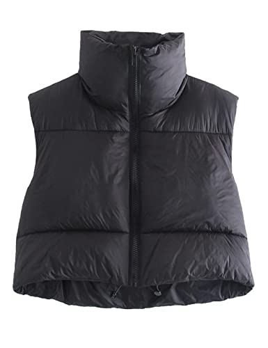 Vanchenl Damen Casual Cropped Puffer Weste Leichtgewicht Stand Kragen Reißverschluss Ärmellos Weste Mantel Coat Schwarz M von Vanchenl