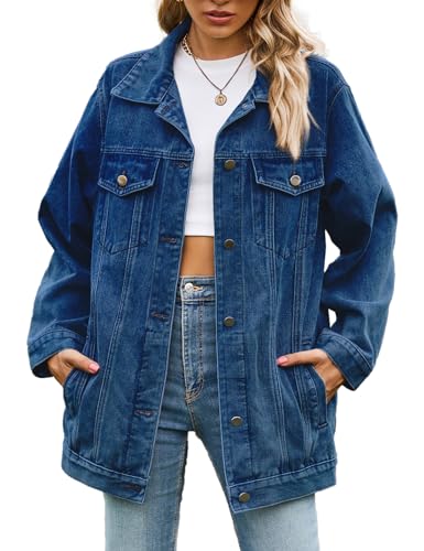 Vanchenl Damen Casual Denim Jacke Oversized Button Up Turn Down Kragen Lose Langarm Mid Long Mantel (Dunkelblau,S) von Vanchenl