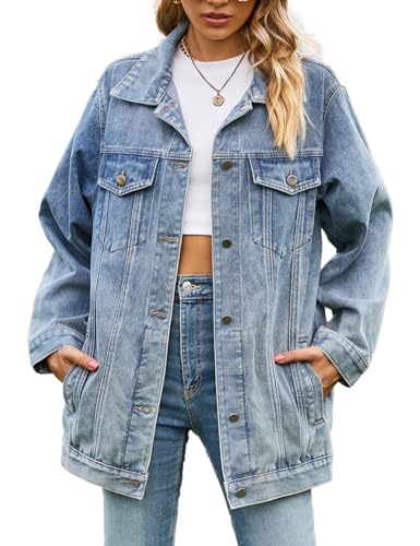 Vanchenl Damen Casual Denim Jacke Oversized Button Up Turn Down Kragen Lose Langarm Mid Long Mantel (Hellblau,XL) von Vanchenl