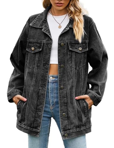 Vanchenl Damen Casual Denim Jacke Oversized Button Up Turn Down Kragen Lose Langarm Mid Long Mantel (Schwarz,XL) von Vanchenl