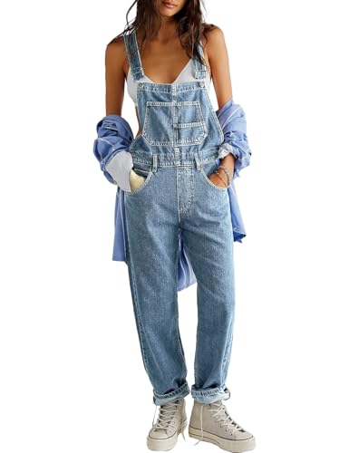 Vanchenl Damen Casual Denim Jean Overalls Lose Verstellbare Träger Baggy Latzhose Bib Romper Jumpsuit Harem Hosen Hellblau XL von Vanchenl