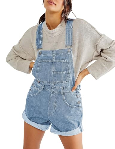 Vanchenl Damen Casual Denim Overall Shorts Lose Verstellbare Träger Latzhose Bib Jeans Shortalls Rompers Hosen Hellblau XL von Vanchenl