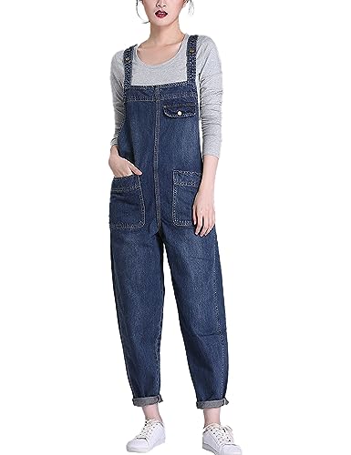 Vanchenl Damen Casual Loose Denim Latzhose Bib Verstellbare Jean Overalls Romper Jumpsuit Harem Hosen (Dunkelblau,M) von Vanchenl