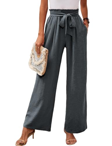 Vanchenl Damen Casual Wide Leg Pants Loose Fit Hohe Taille Palazzo Einstellbare Krawatte Knoten Stretchy Taille Hose Grau XL von Vanchenl