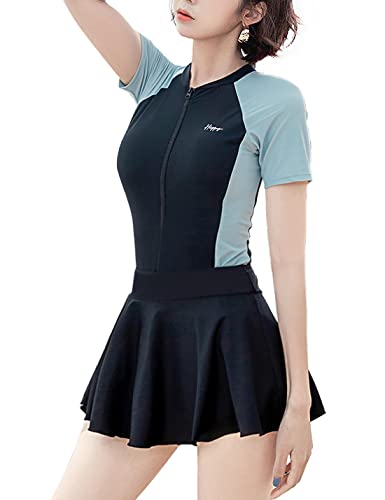 Vanchenl Damen Einteiliger Badeanzug Zip Up Colorblock Kurzärmelige Winddichte Badebekleidung mit Rock Schwarz M von Vanchenl