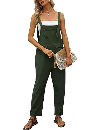 Vanchenl Damen Lose Baumwolle Leinen Overalls Sommer Casual Baggy Verstellbare Jumpsuits Strampler Haremshose Armeegrün XL von Vanchenl