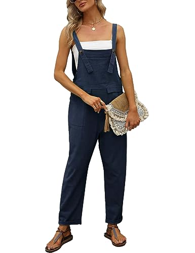 Vanchenl Damen Lose Baumwolle Leinen Overalls Sommer Casual Baggy Verstellbare Jumpsuits Strampler Haremshose Blau S von Vanchenl
