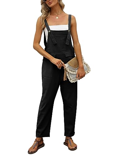 Vanchenl Damen Lose Baumwolle Leinen Overalls Sommer Casual Baggy Verstellbare Jumpsuits Strampler Haremshose Schwarz S von Vanchenl