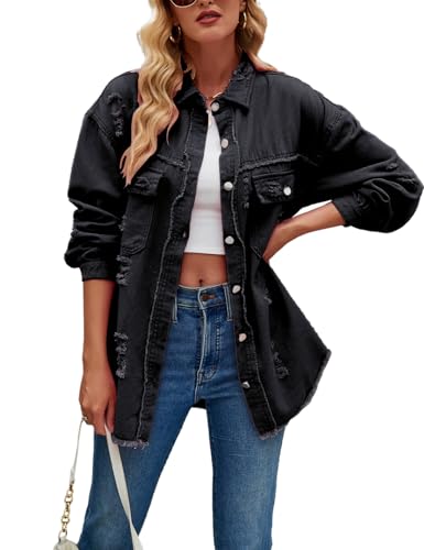 Vanchenl Damen Lose Vintage Distressed Denim Jacke Lässig Button Down Revers Langärmlig Retro Denim Jean Shirt Mantel Schwarz M von Vanchenl